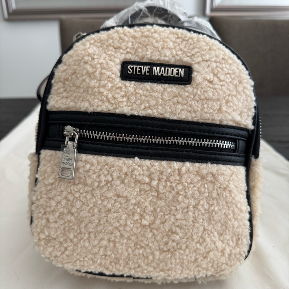 Steve Madden Tan Sherpa Backpack with Black Trim